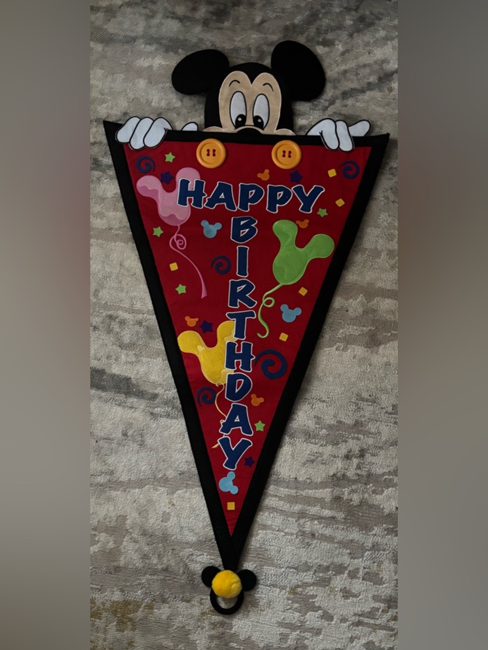 Disney Mickey Mouse Embroidered Felt Happy Birthday Peeking Pennant.